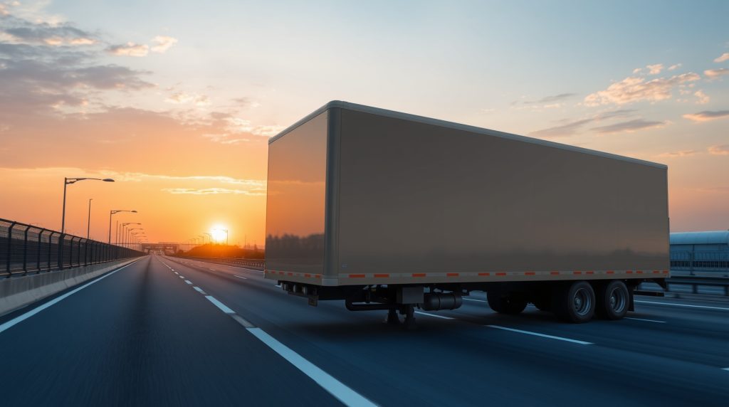 Lorry travelling on a motorway at sunset